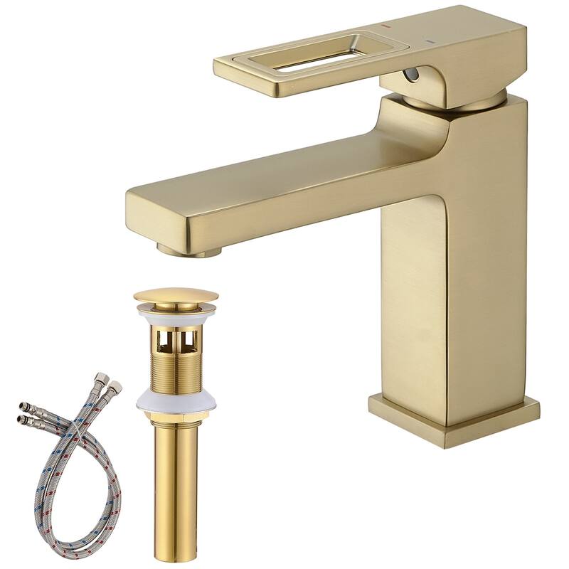 Single Handle Bathroom Faucet with Drain Set 1 Hole Brass Modern Waterfall Bathroom Sink Basin Vanity Faucets - Brushed Gold