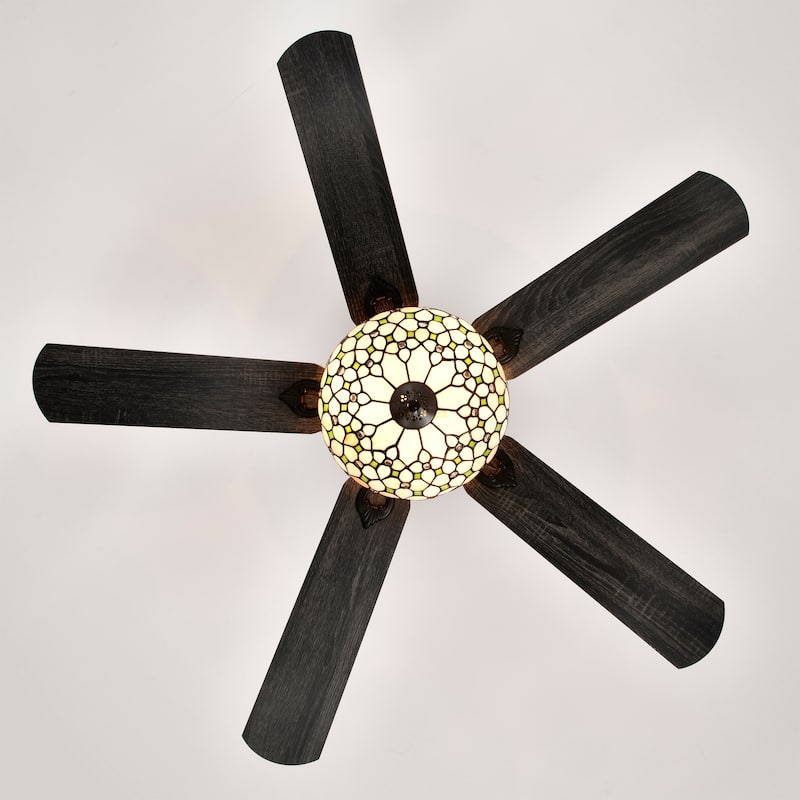 Guarvey 52-Inch Flushmount Two-Tiered Lighted Ceiling Fan Ivory Tiffany Glass Lamp Black Finish