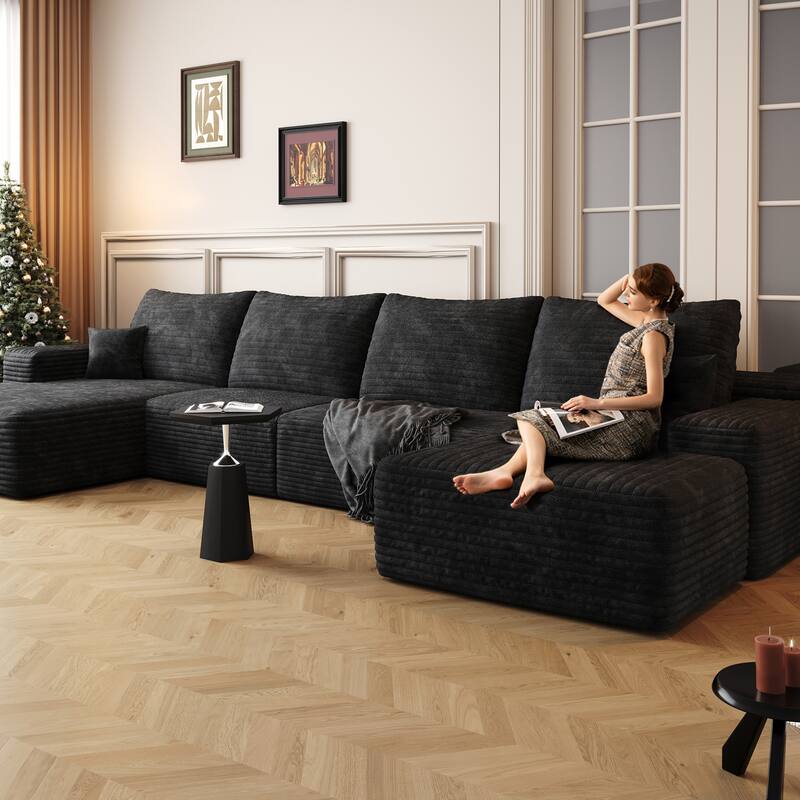 U Shaped Modular Sectional Sofa with Ottoman & Chaise, Corduroy Upholstered Boneless Couch, Corner Deep Seat Compressed Sofa