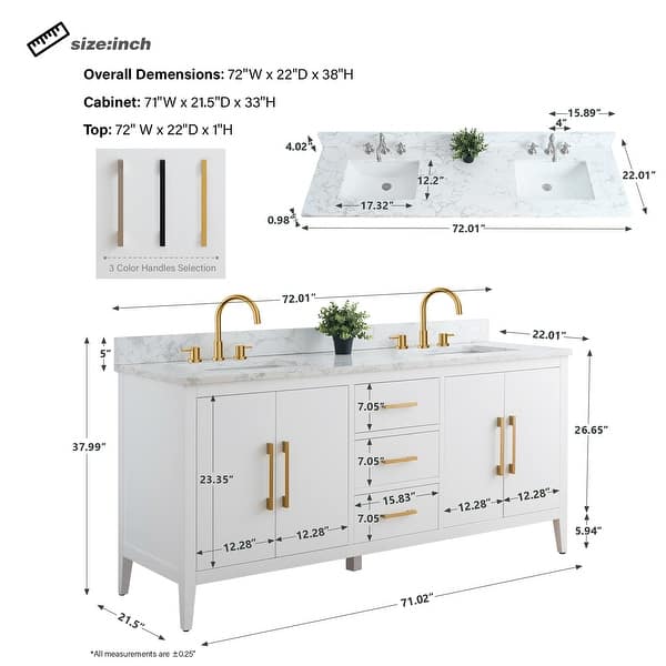 dimension image slide 1 of 10, Vanity Art 72" Double Sink Bathroom Vanity Cabinet with Engineered Marble Top
