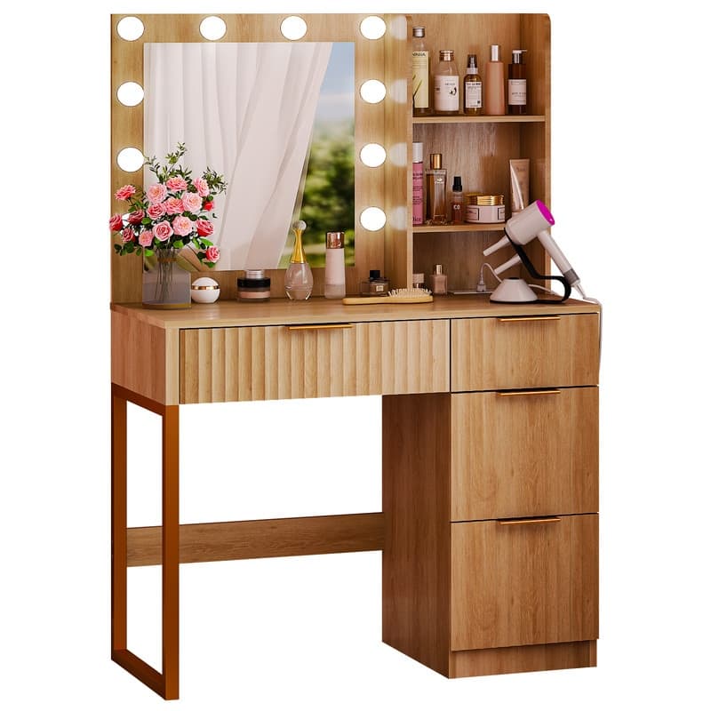 Particle Board Veneered with Textured Melamine 4-drawer 2-shelf with 10 Three-color Dimmable Bulbs Dressing Table - N/A - Beige
