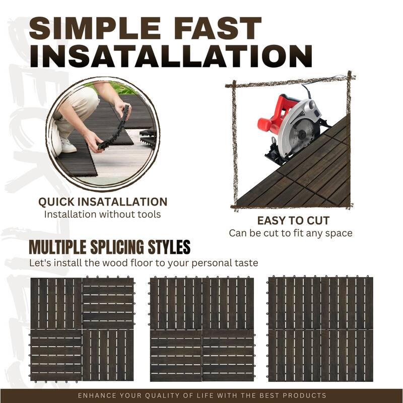 10 Pieces Dark Brown 12"x12" Interlocking Wood Plastic Deck Tiles Waterproof Anti Mold Outdoor Flooring