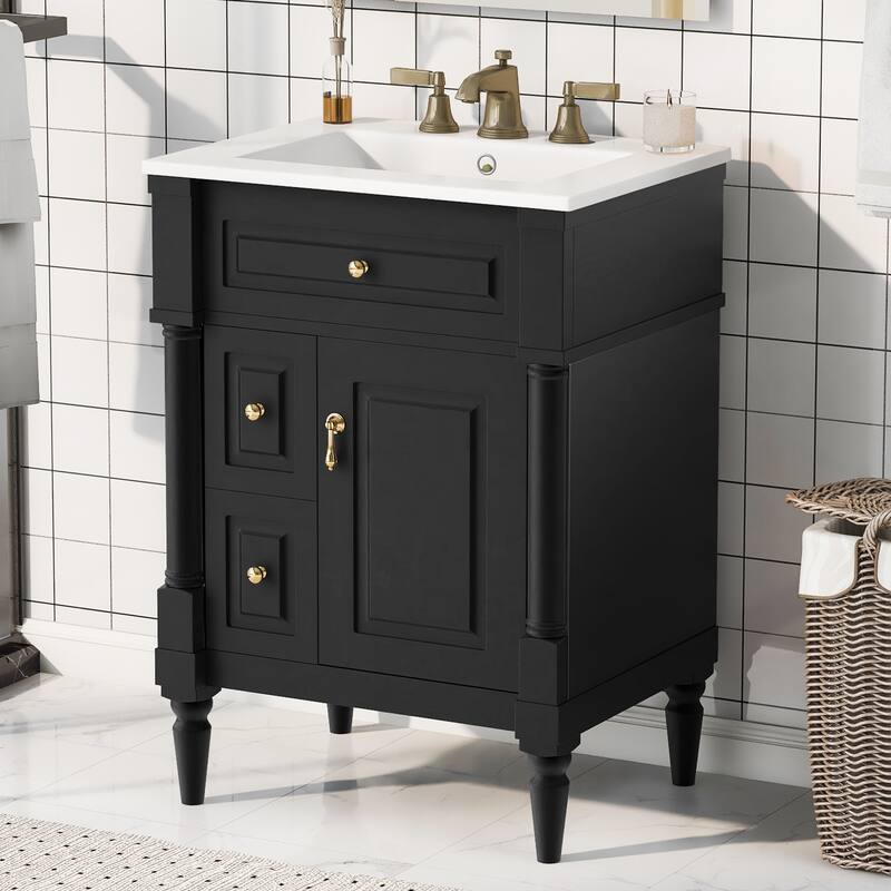Roomfitters 24" Bathroom Vanity with Sink, Solid Wood Frame, Flip Drawer, 2 Drawers & Door Rack