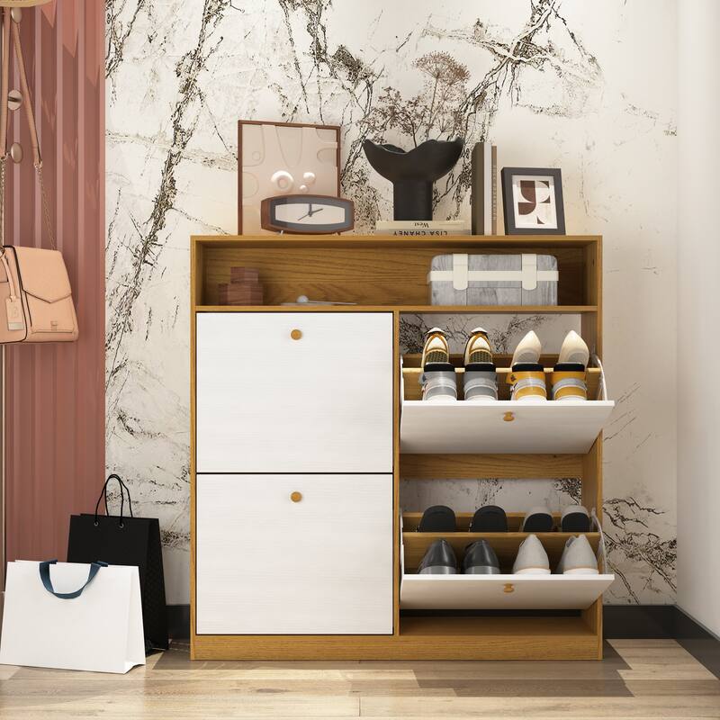 Shoe Storage Cabinet with 4 Flip Drawers , Shoe Rack Organizer Cabinet with wooden