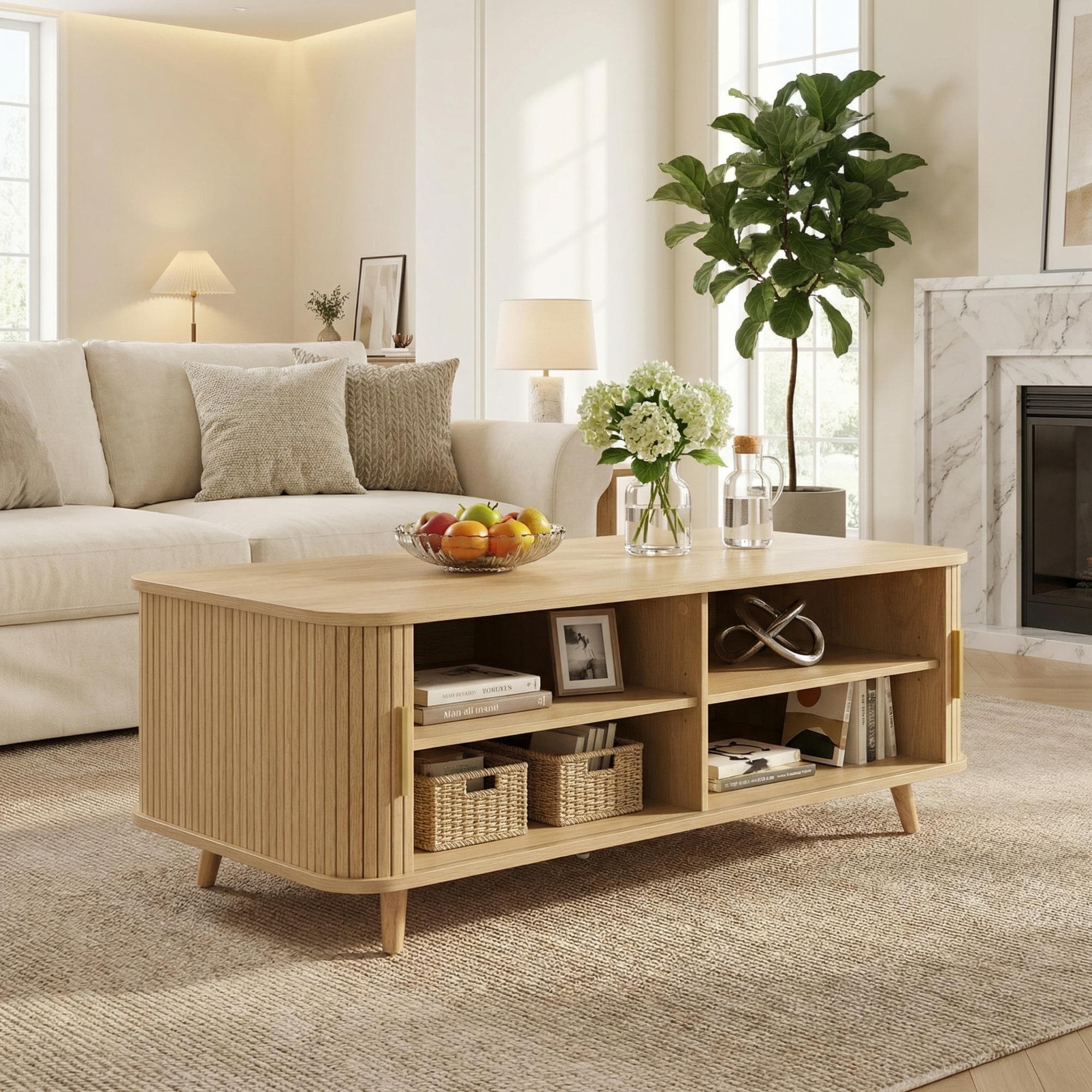 Roomfitters Tambour Coffee Table, Mid-Century Modern, Natural Wood