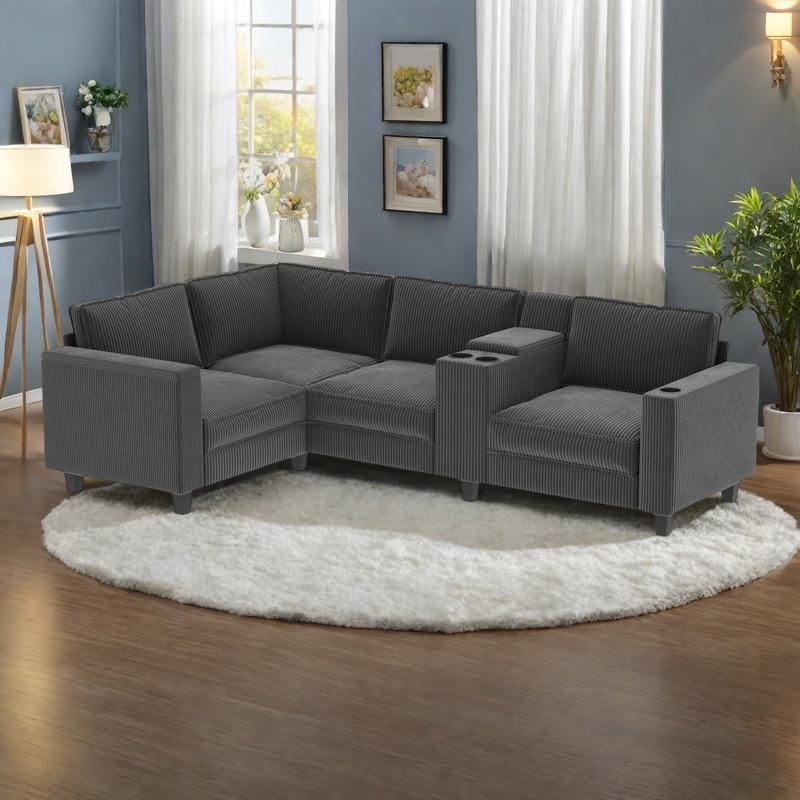 105.5" Corduroy L-Shaped Sectional Sofa with USB Charging and Storage, 4-Seater - Grey