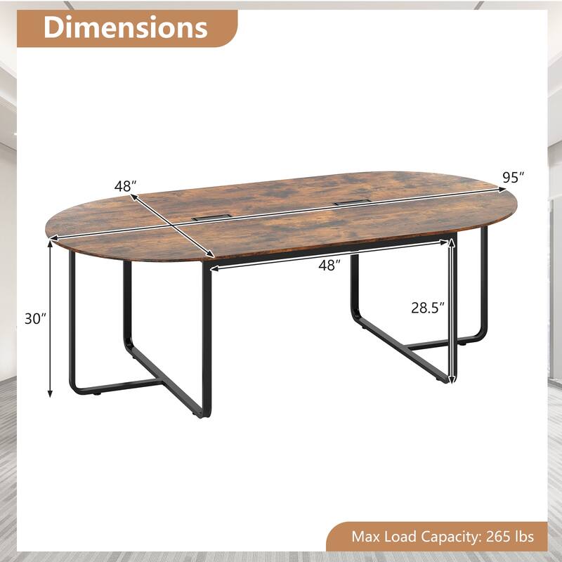 95 Inch Oval Conference Table with Dual Cable Holes and Metal Legs
