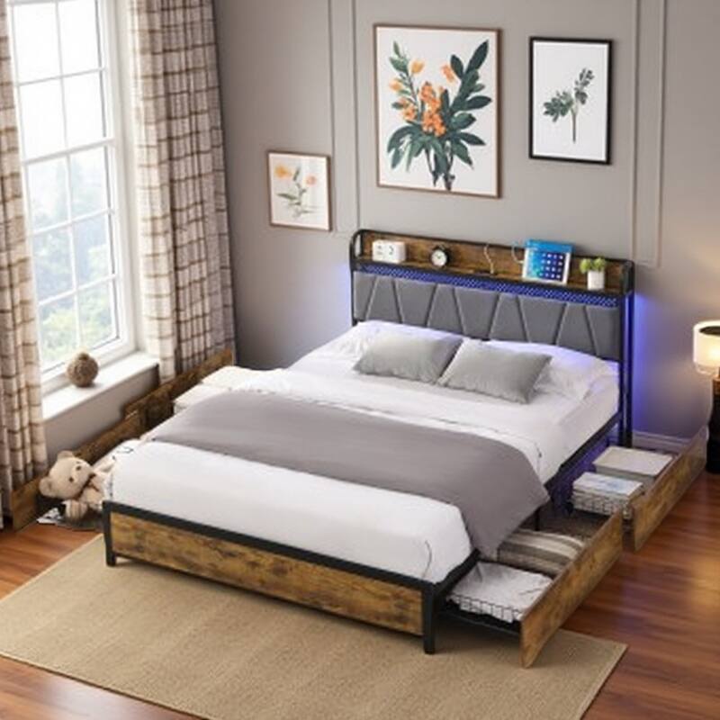 King Size Platform Bed with LED Headboard, Charging Ports, and 4 Rolling Storage Drawers, Rustic Brown and Gray Finish - Black+Brown+Grey - Full