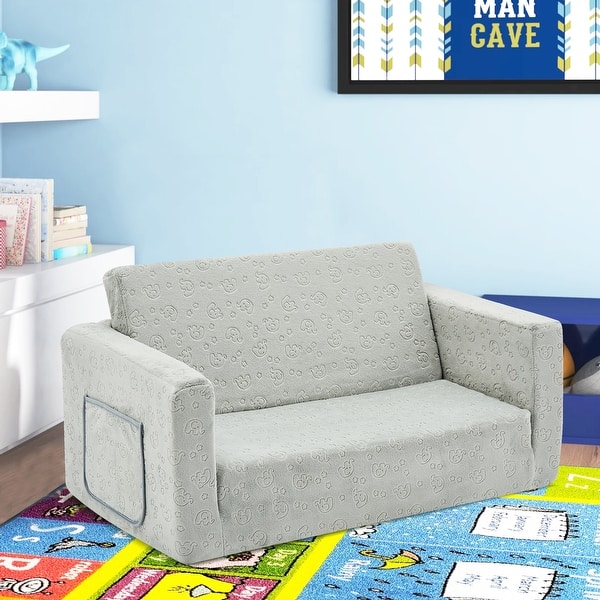 slide 2 of 6, Kids Fold Out Couch 2-in-1 Children Convertible Sofa to Lounger Grey