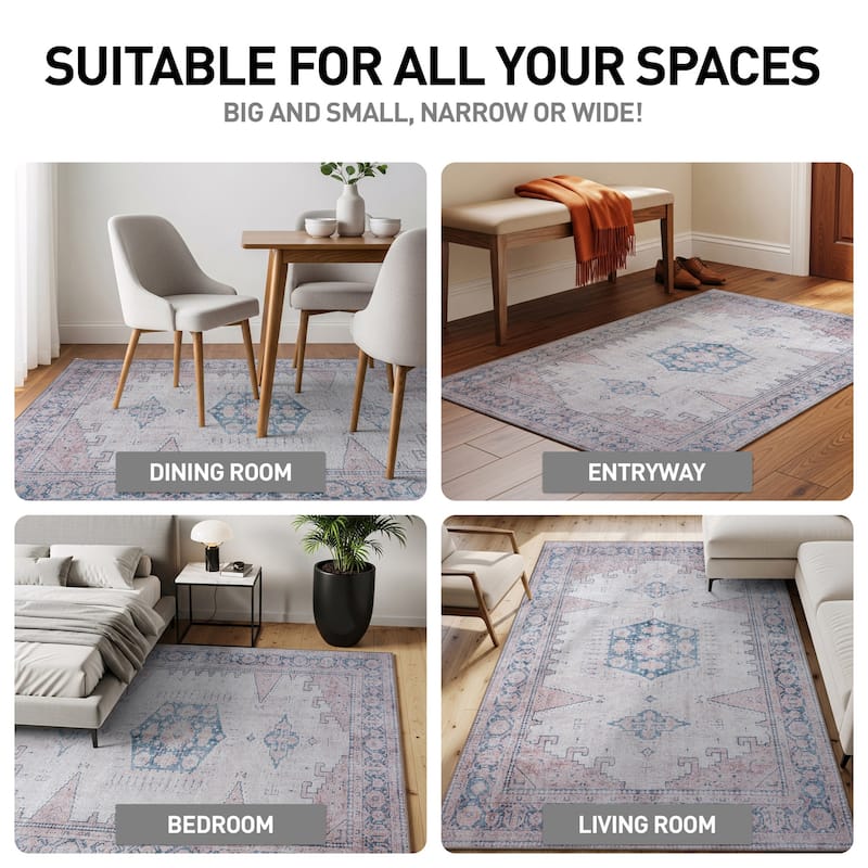 World Rug Gallery Vintage Bohemian Machine Washable Non Slip Area Rug