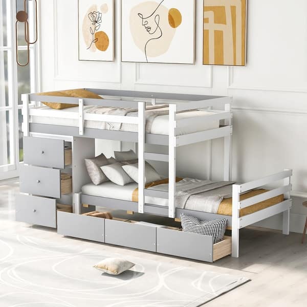 slide 2 of 30, Twin over Twin Loft Bunk Bed with Drawers and Ladder Grey