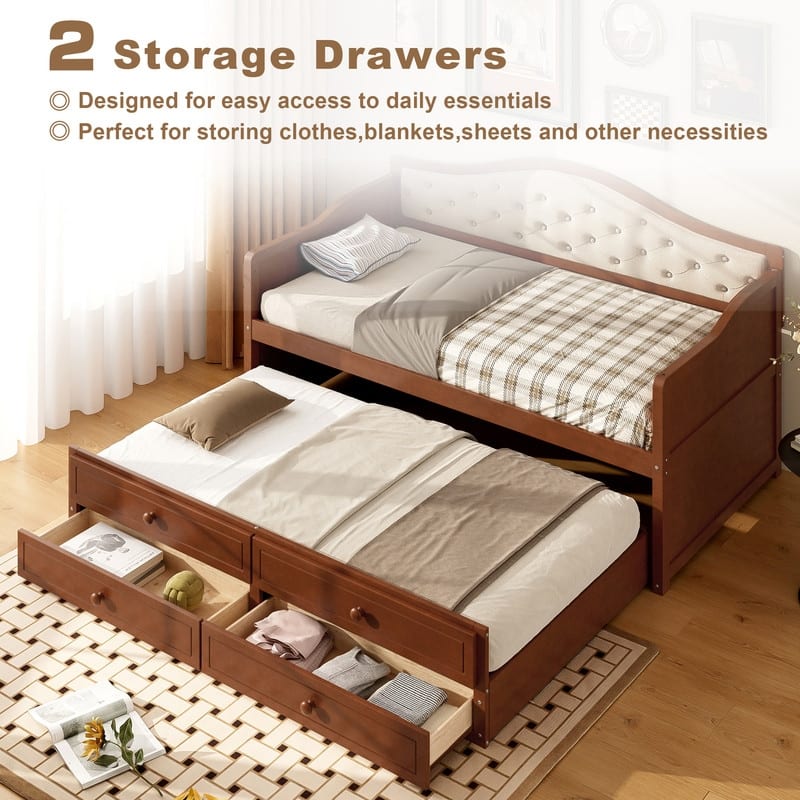 Twin Size Daybed with Trundle, 2 Storage Drawers and Upholstered Button Tufted Backrest