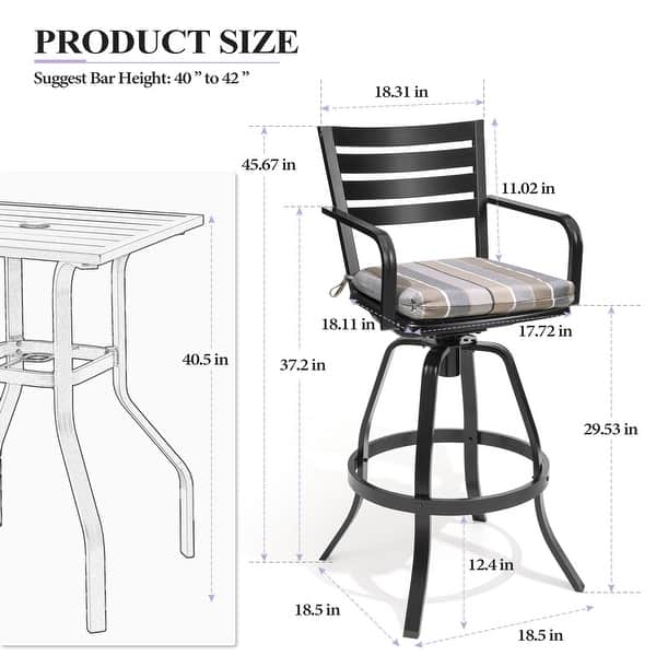 dimension image slide 1 of 6, 3/5-Piece Outdoor Bar Stool Set Aluminum Swivel Bar Stools with Sunbrella Cushion