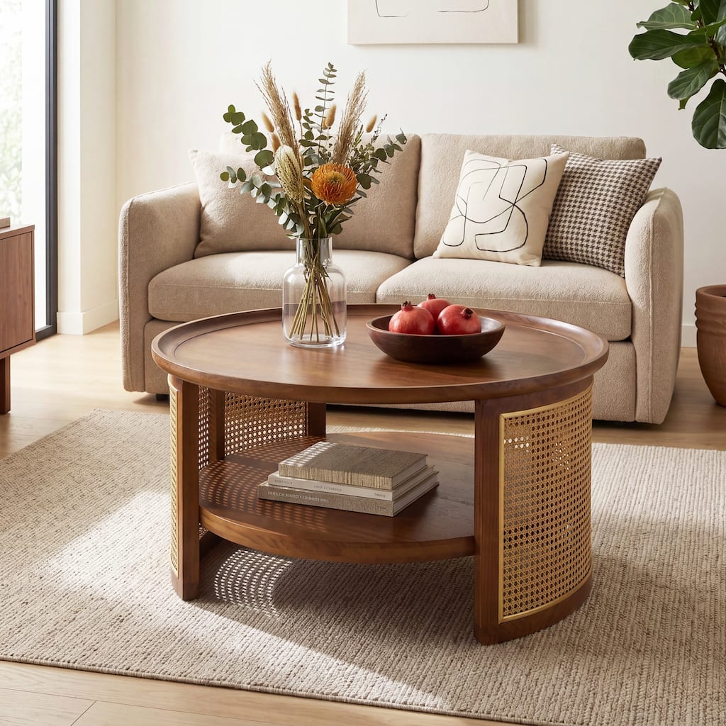 Christopher Knight Home - Boho Round Coffee Table with 2-Tier Storage Shelf, Pine Wood Center Table with Metal Rattan Accents