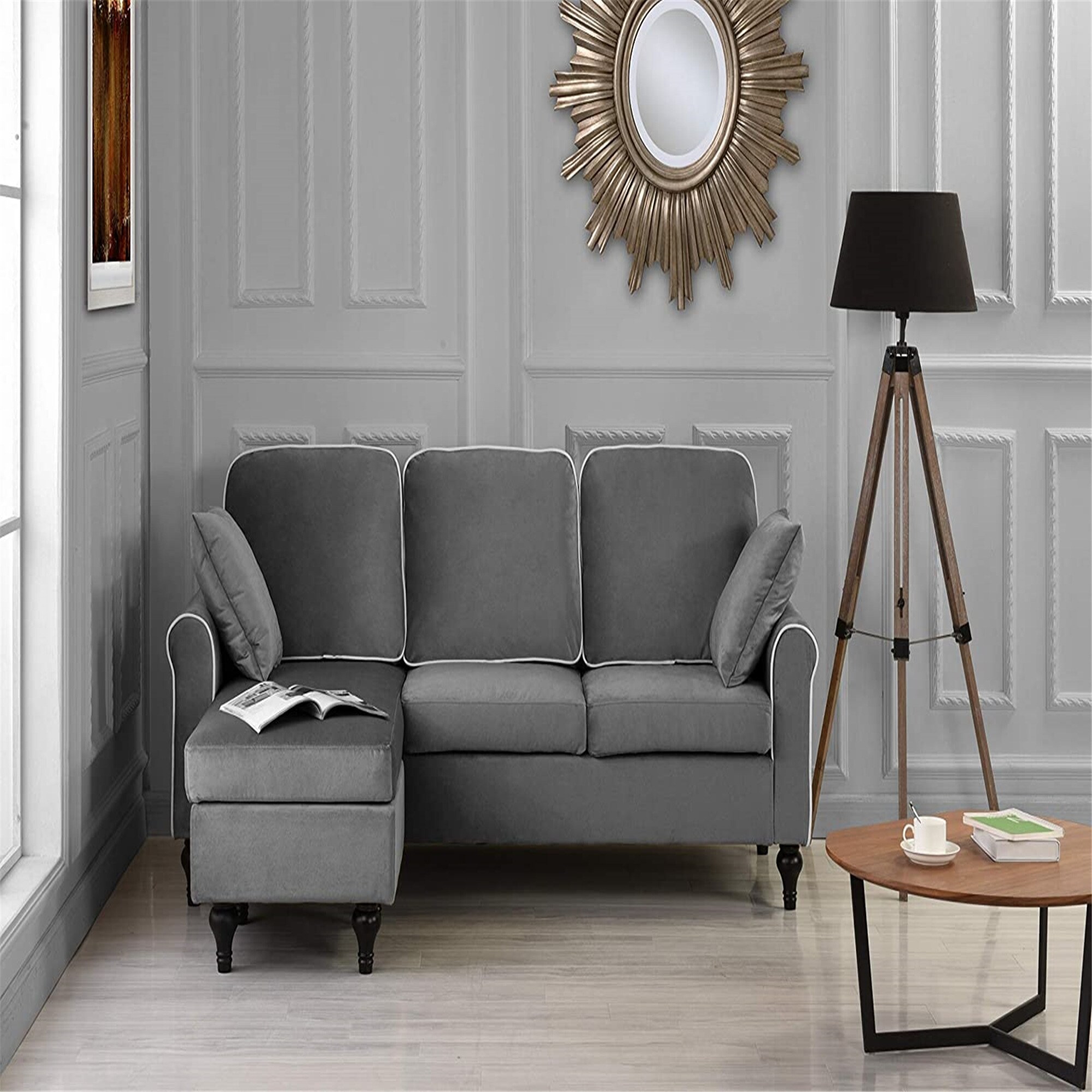 Classic and traditional small space velvet sectional top sofa with reversible chaise