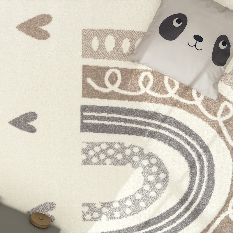 Kids Rug with Rainbow and Hearts in Pastel Colors