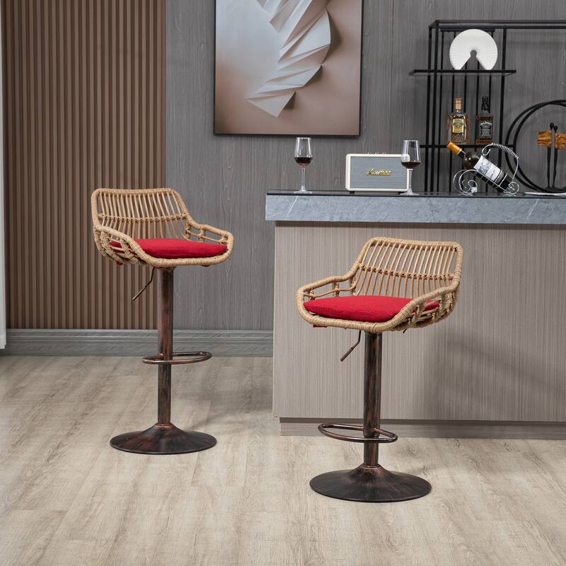 Set of 2 Swivel Bar Stools Adjustable Counter Height with Footrest - Red