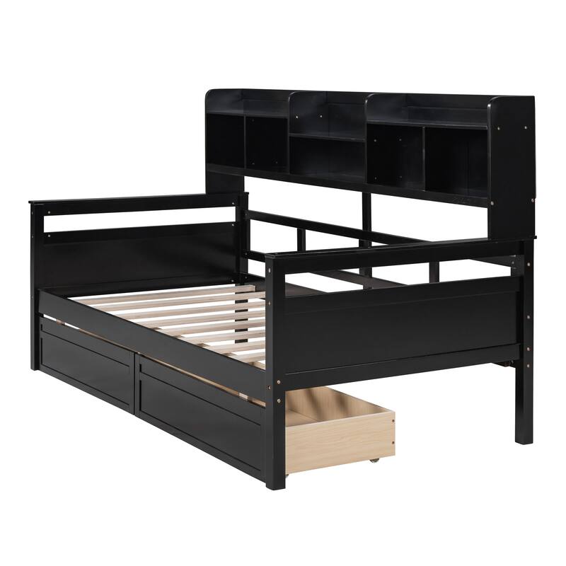 Twin Size Daybed with Wood Slat Support, Bedside Shelves, and Two Drawers in Espresso