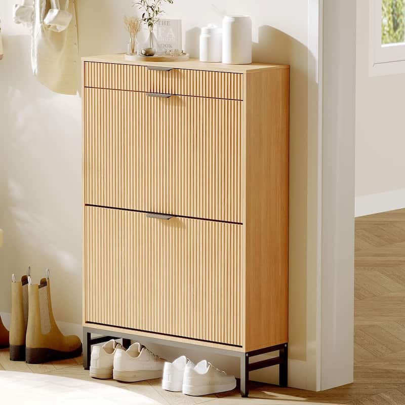 Slim Shoe Cabinet with 2 Flip Drawers & Top Drawer
