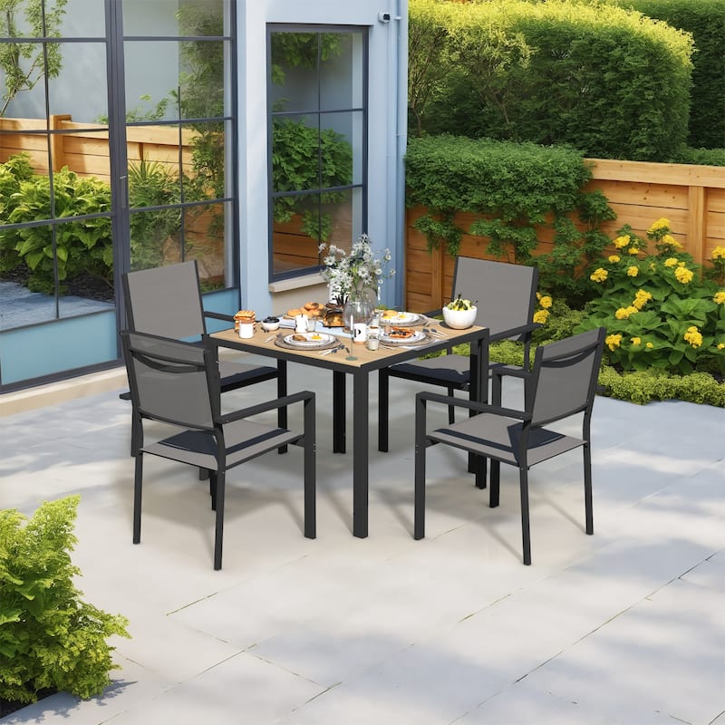 Outdoor Dining Set with Table & Stackable Textilene Chairs, 5-Piece Durable WPC Tabletop & Rust-Resistant Frame for Patio - 5-Piece