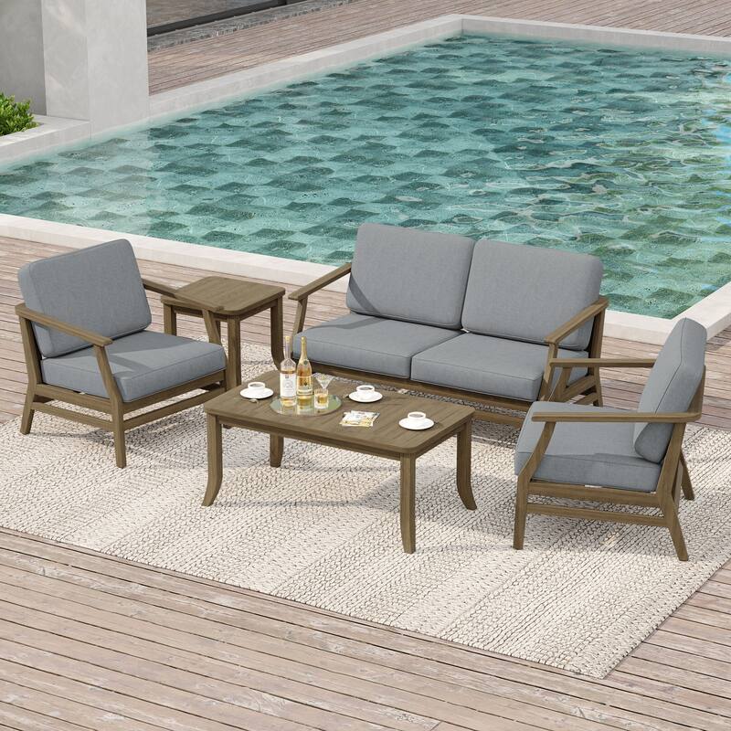 Outdoor Conversation Set Patio Chair, Loveseat with Tables - Natural Wood - Grey