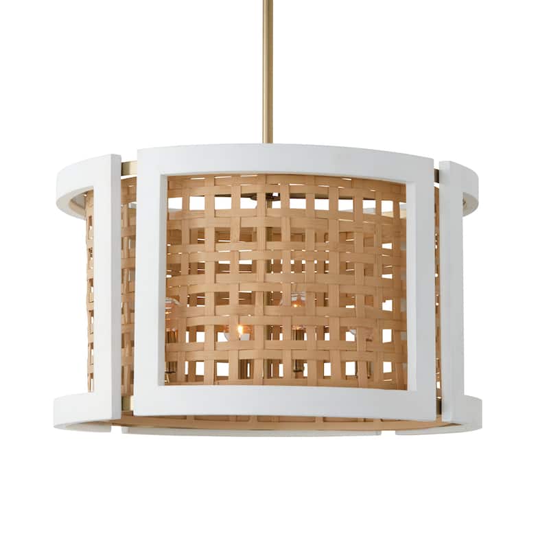 Lola 4-light Chalk Wash Drum Pendant w/ Mango Wood & Water Hyacinth