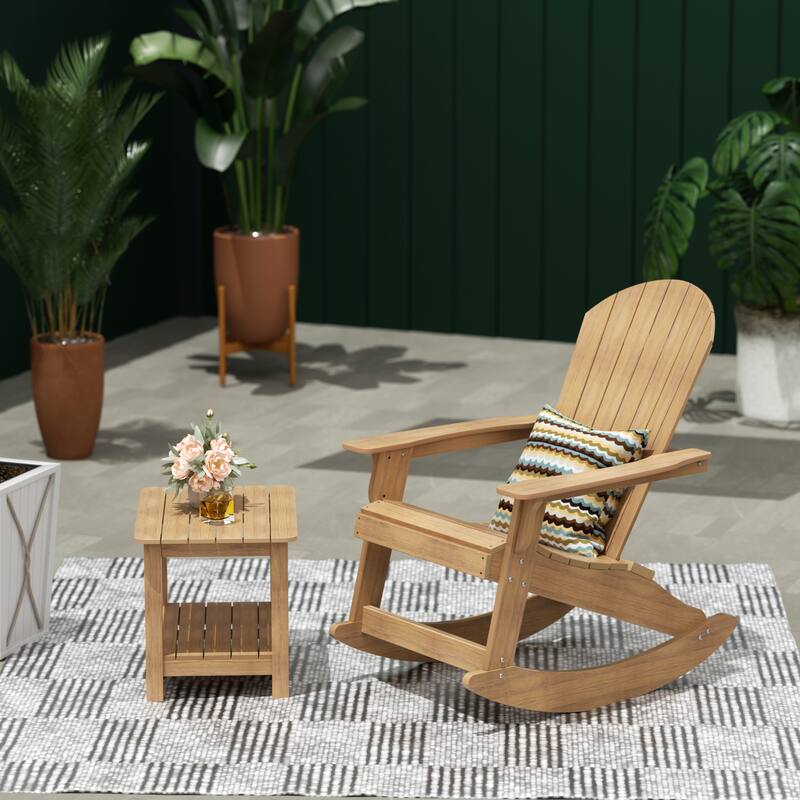 Vineyard HIPS Outdoor Eco-Friendly All Weather Seashell Rocking Adirondack Chair with Side Table (2-Piece Set) - Teak