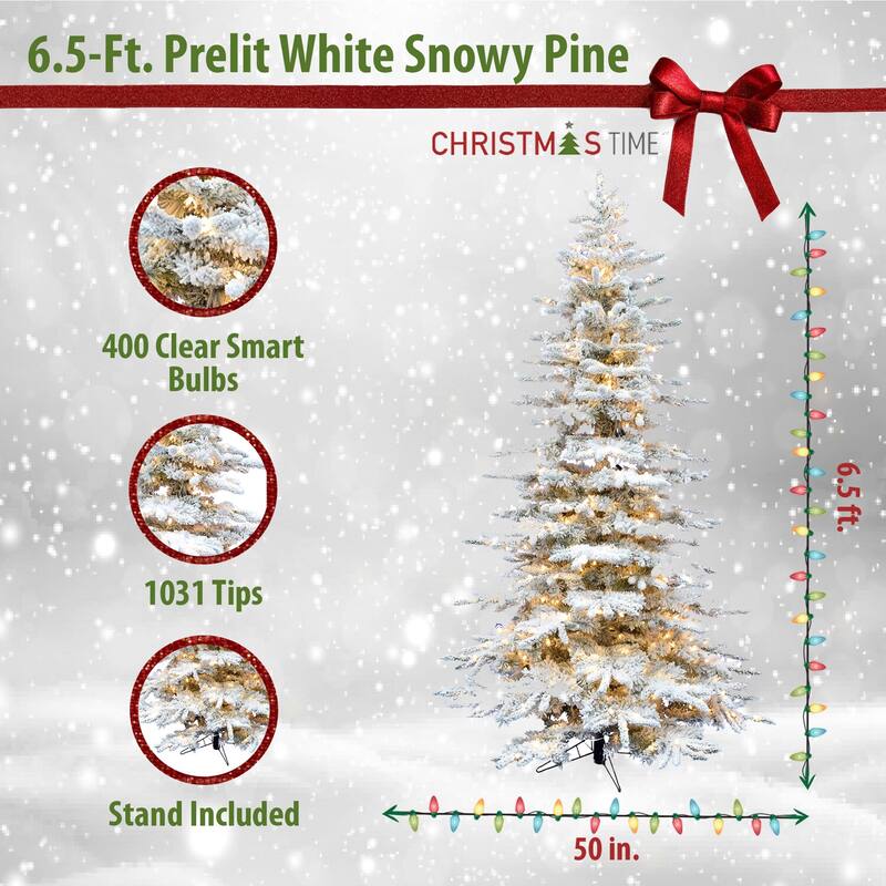 Christmas Time 6.5-Ft. White Pine Snowy Artificial Christmas Tree with Clear Smart String Lighting - Snow