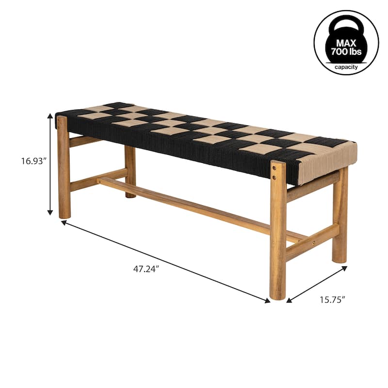 48" 2-Seat Outdoor Acacia Bench, Backless w/ Woven Rope Seat, 700-lb Support