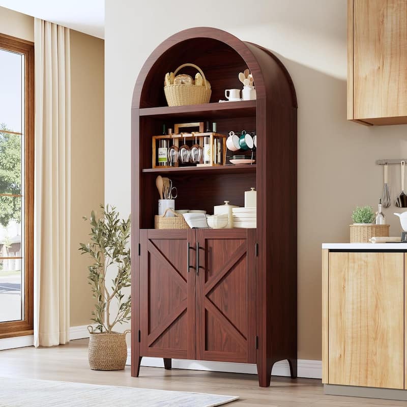 Arched Bookcase, Kitchen Pantry Storage Cabinet with Open Display Shelf - Brown