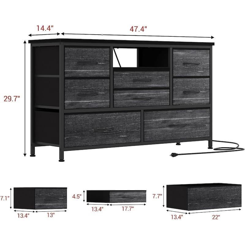 8-Drawer Fabric TV Stand with LED Lights & Built-in Power Outlets
