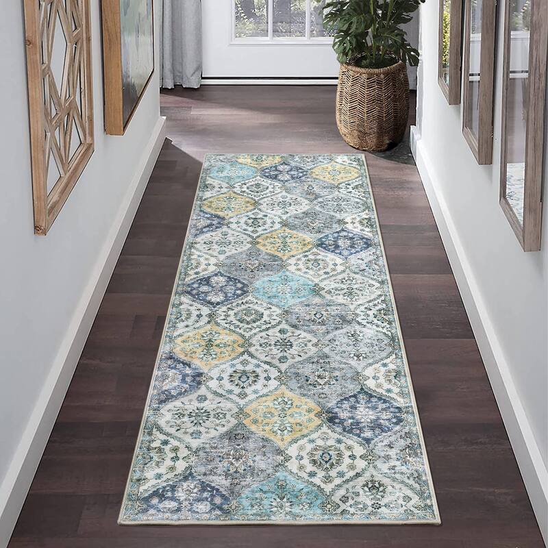 Rugs for Living Room Vintage Oriental Trellis Area Rug Soft Non Slip Low Pile Accent Rugs for Dining Room Office