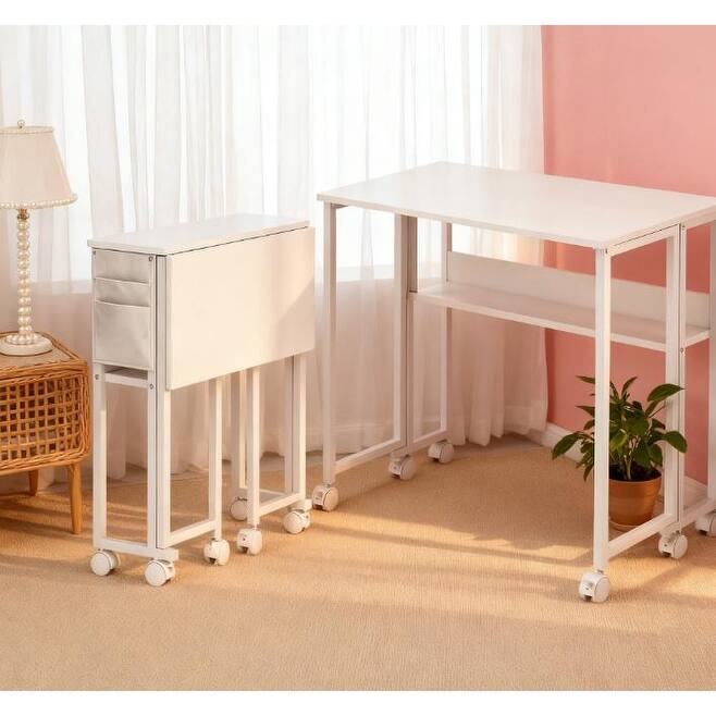 Folding Computer Desk,with Storage Bag, Shelf and Wheels for Small Spaces, Home Office
