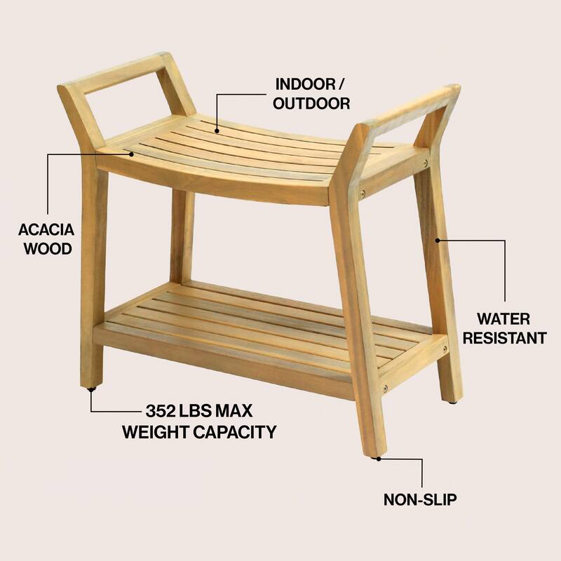 Orla 25.6" Slatted Solid Acacia Wood Indoor/Outdoor Shower Bench, Shelf, Handle, By JONATHAN Y - 25.59L x 12.01W x 23.03H