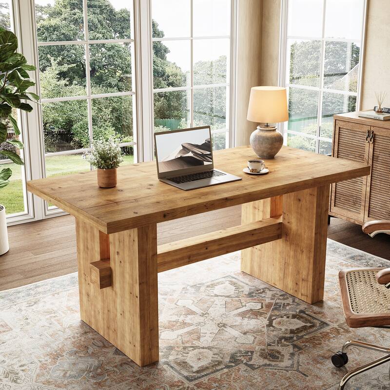 Solid Wood Executive Desk, Large Computer Desk Office Desk Writing Study Table, Home Office Business Workstation - Brown