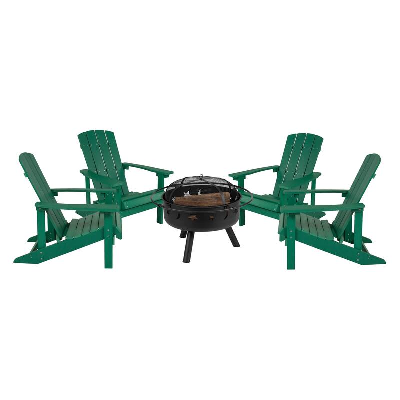 Star and Moon Fire Pit with Mesh Cover & 4 Poly Resin Adirondack Chairs
