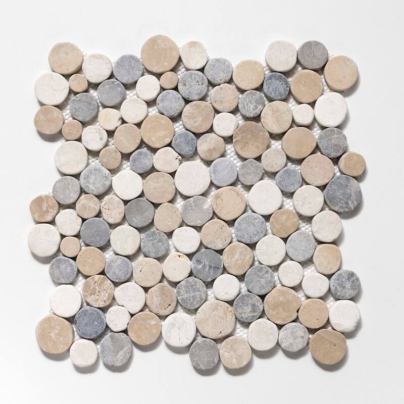 Cruz Bay Studio XD3R Penny Rounds - 11" x 11" Pebble and Rock Floor - Tan / Off-White / Grey
