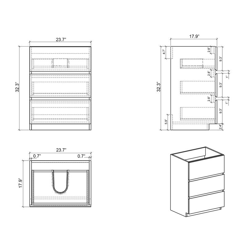 GDFStudio - Alice Gray Freestanding Bathroom Cabinet with Three Soft-Close Drawers, Pre-Assembled, No Basin
