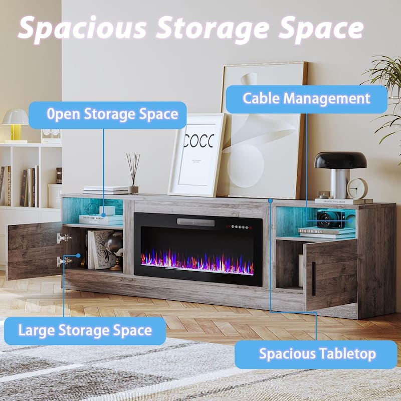 Bossin 80" Fireplace TV Stand with 36" Electric Fireplace, TV Stand for TVs Up to 90", 16 Colors LED Lights/Entertainment Center