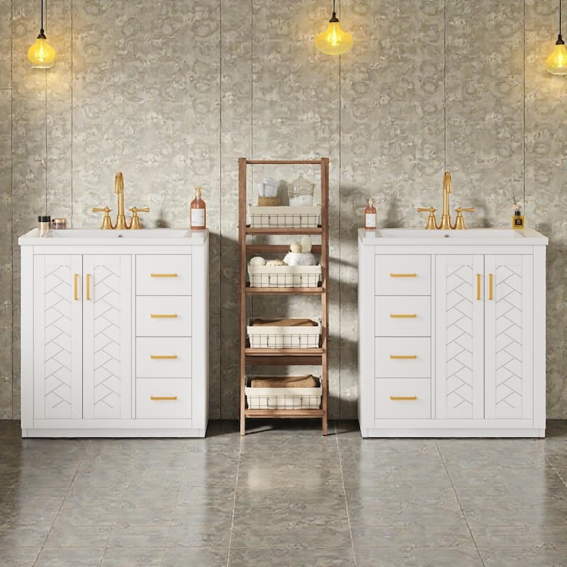 60 Inch Bathroom Vanity Set with Ceramic Sink, Solid Wood Frame Freestanding Cabinet with Soft Close Doors and Drawers - White