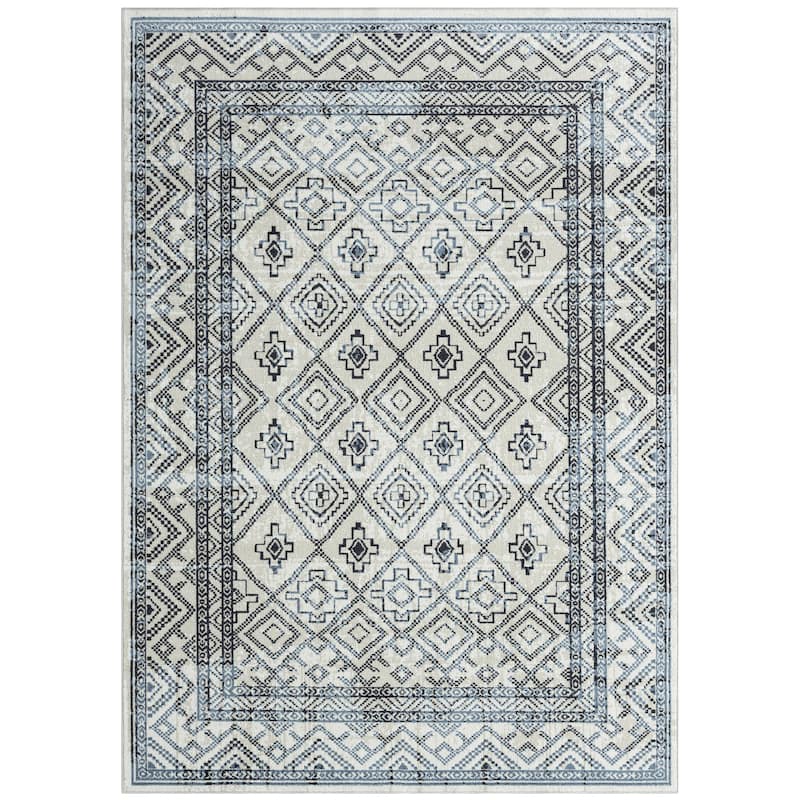 Everwash Treasure Cambria Southwest Geometric Machine Washable Area Rug, Beige/Navy Blue - 5'2"x7'2"