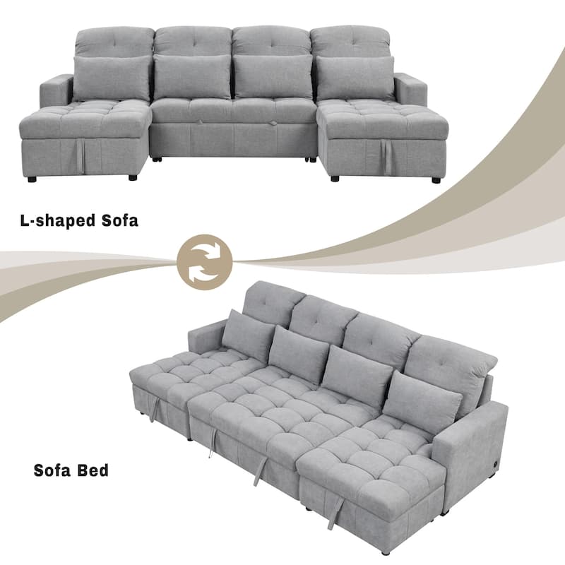 110" Oversized Chenille Convertible U-shaped Sectional Sofa with Pull-out Bed, Double Storage Chaise Lounges, and 2 USB Ports