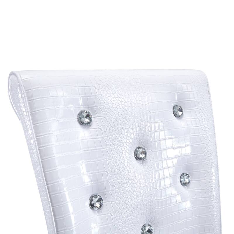 A set of 4 white and black vintage crocodile leather cushioned dining chairs, featuring crystal clasp design and leather