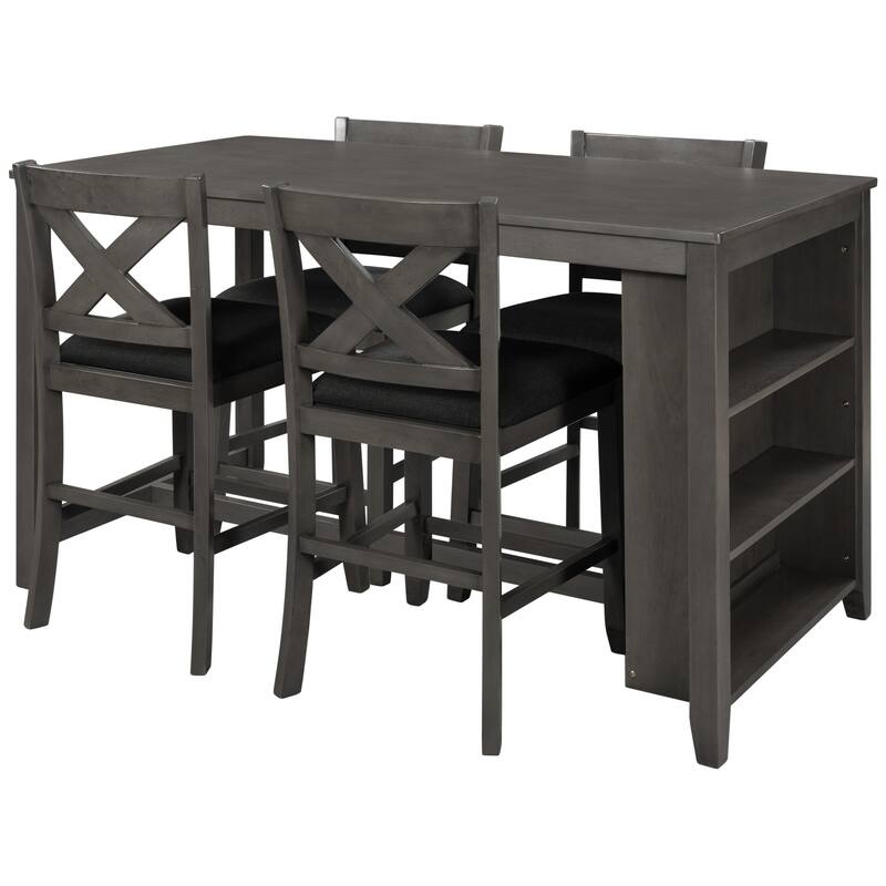 Rustic Farmhouse 5-Piece Counter Height Dining Table Set with Four Padded Chairs and Functional Storage