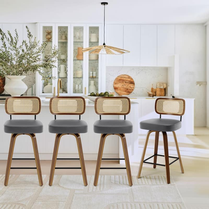 26"/29" Swivel Bar Stools/ Counter Stools with Bentwood Legs - Set of 4 - Grey-Rattan Back - Counter Height