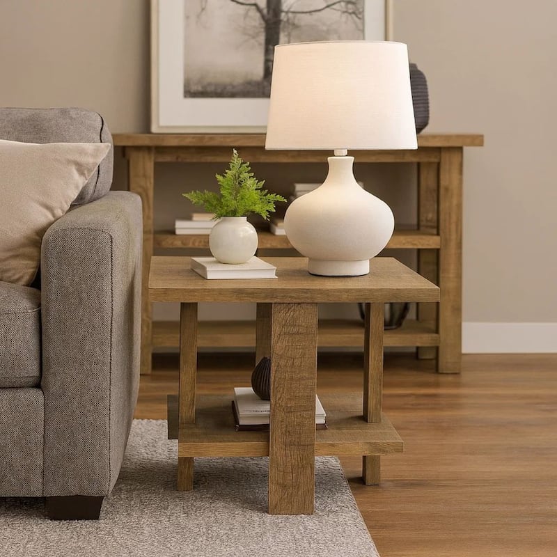 Dew 24 Inch Side End Table with Lower Shelf, Engineered Wood, Mango Brown