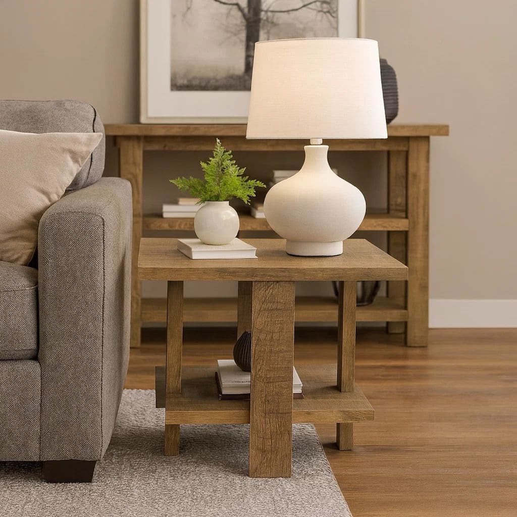 Dew 24 Inch Side End Table with Lower Shelf, Engineered Wood, Mango Brown