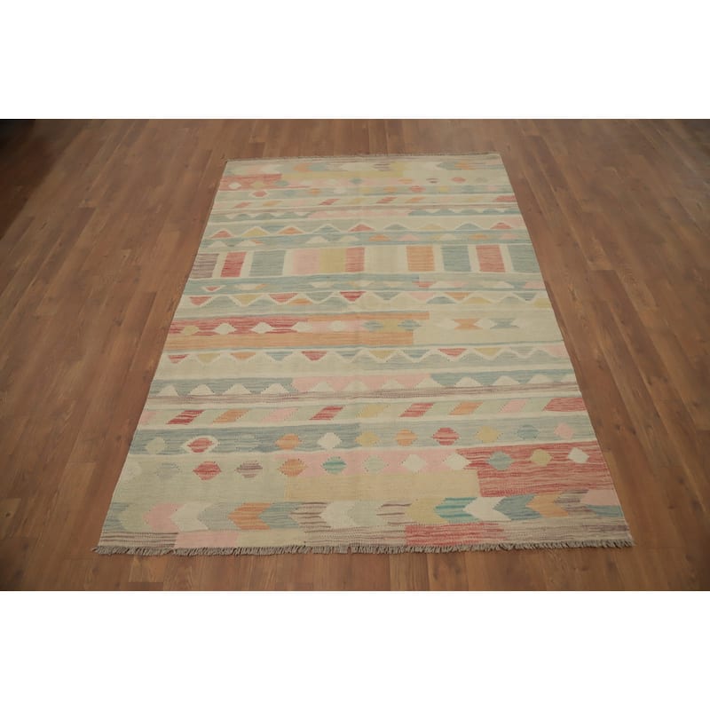 Hand Woven Oriental 100% Wool Carpet Southwestern Tribal Multi-Colored Kilim Area Rug - 5' 8'' X 4' 0''