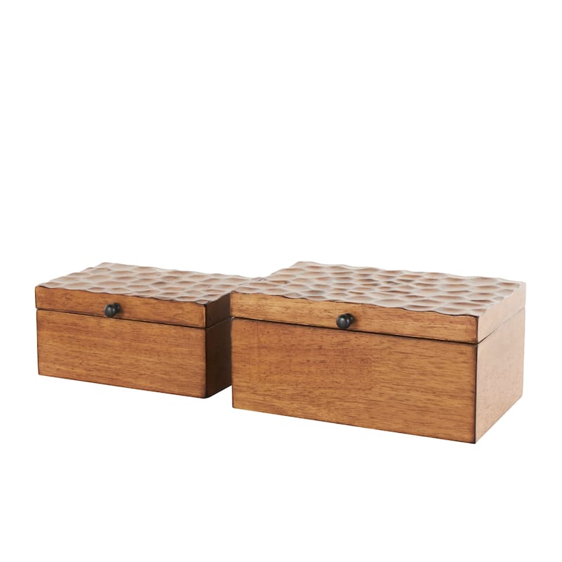 Brown Wood Textured Concave Honeycomb Storage Box with Black Knobs (Set of 2)