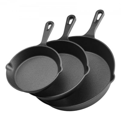 3 Piece Black Cast Iron Skillet Frying Pan Set with Ergonomic Handle for Stovetop and Oven Cooking